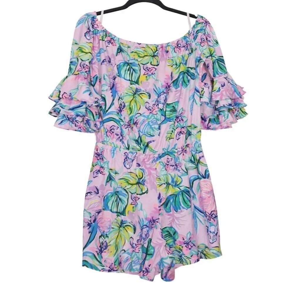 Lilly pulitzer womens medium off shoulder boat neck romper pink green